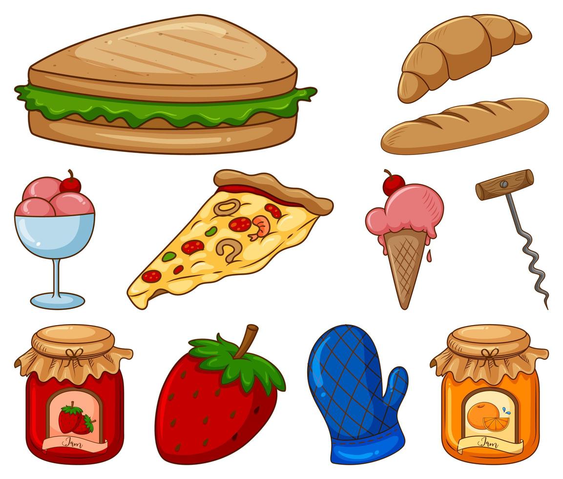 Large set of different food and other items on white background vector