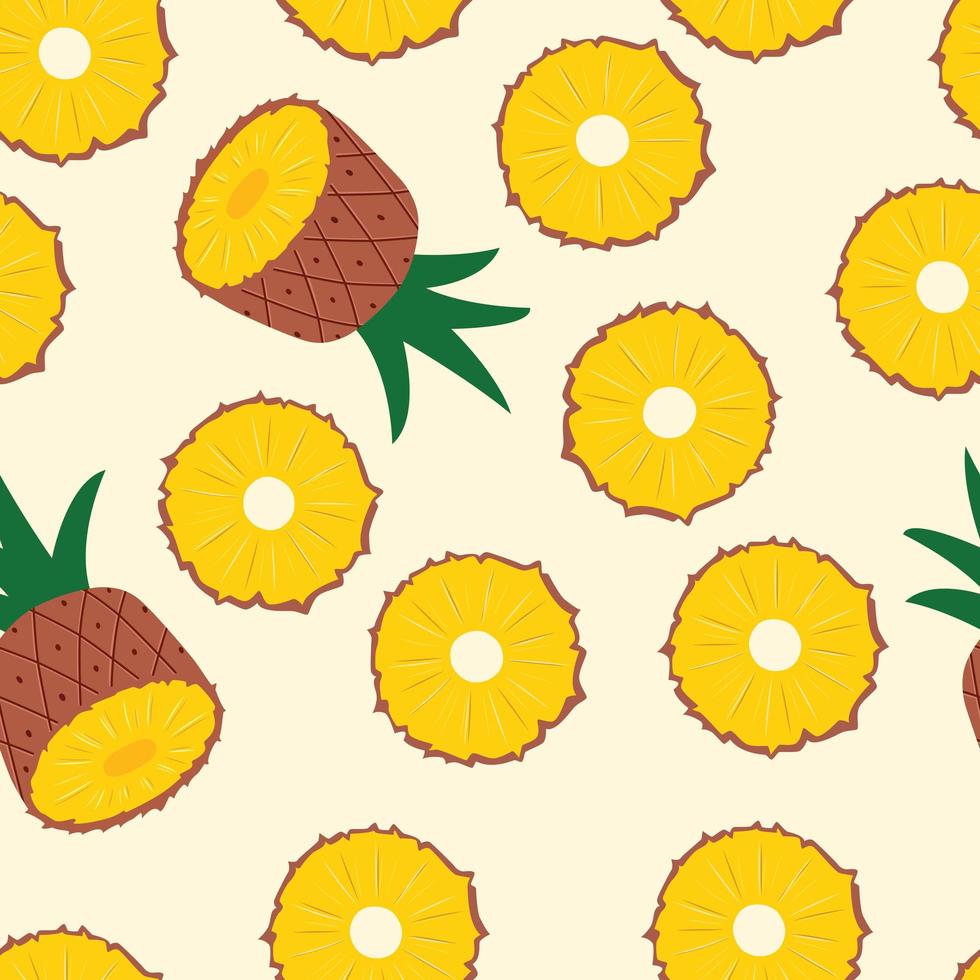 Pineapple halves and slices on light yellow background. vector
