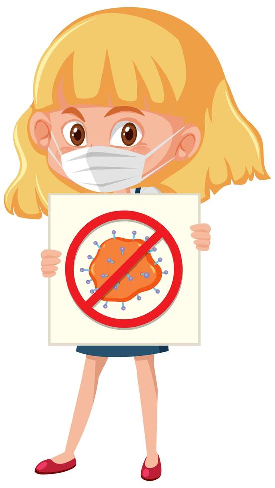 Girl wearing mask and holding stop coronavirus sign vector