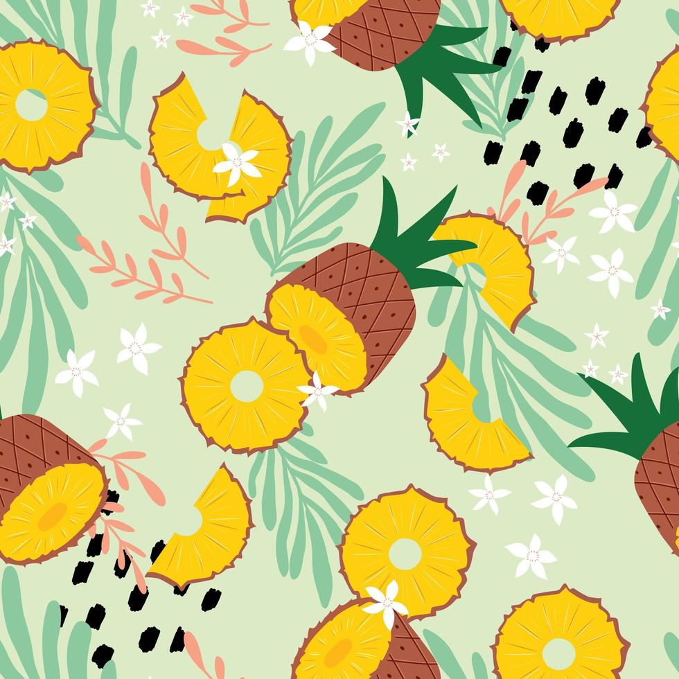 Fruit seamless pattern, pineapple with tropical leaves vector