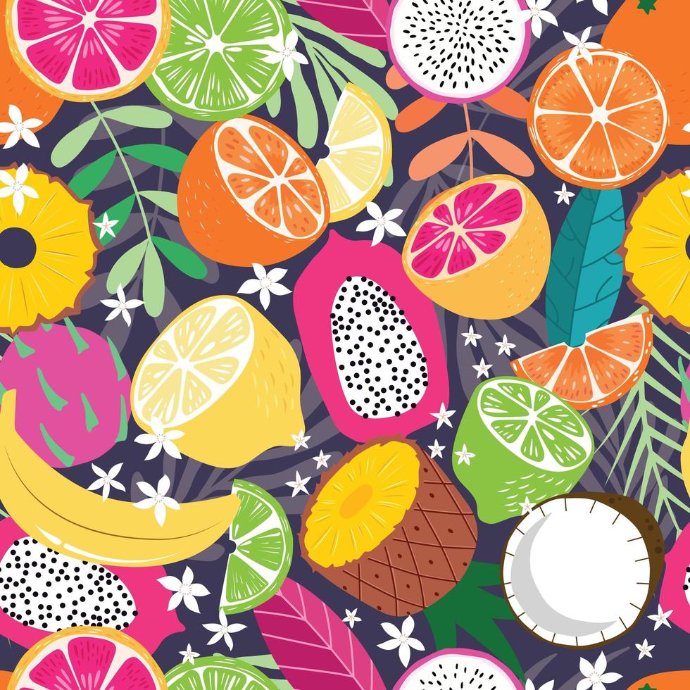 Fruit seamless pattern, collection of exotic tropical fruits vector