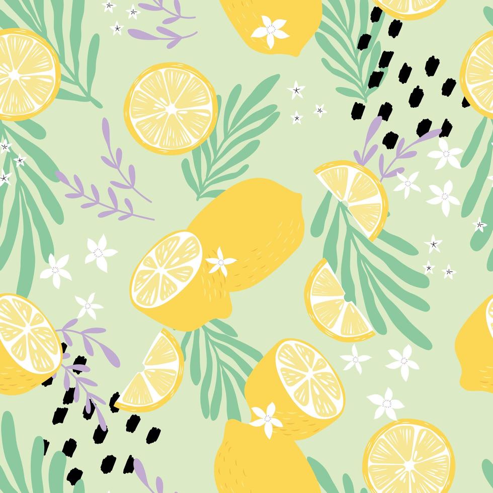 Fruit seamless pattern, lemons with tropical leaves vector