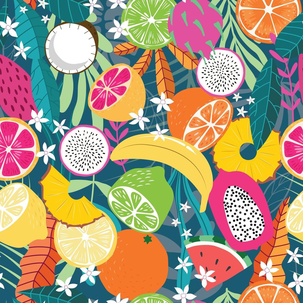 Fruit seamless pattern, collection of exotic tropical fruits vector