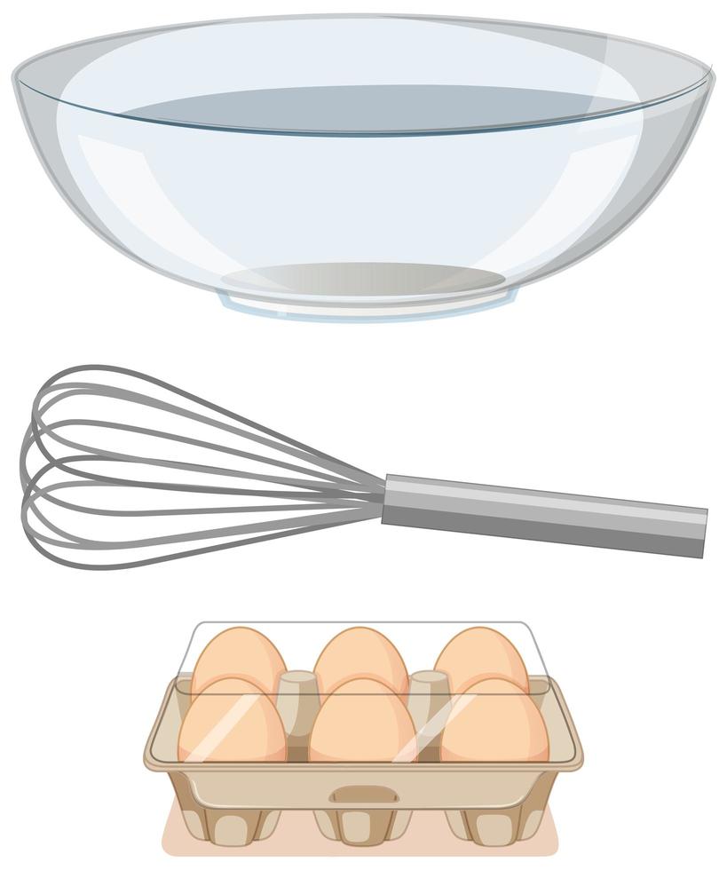 Herramientas de panadería batidor de metal con tazón grande y bandeja de huevos de papel sobre fondo blanco. vector