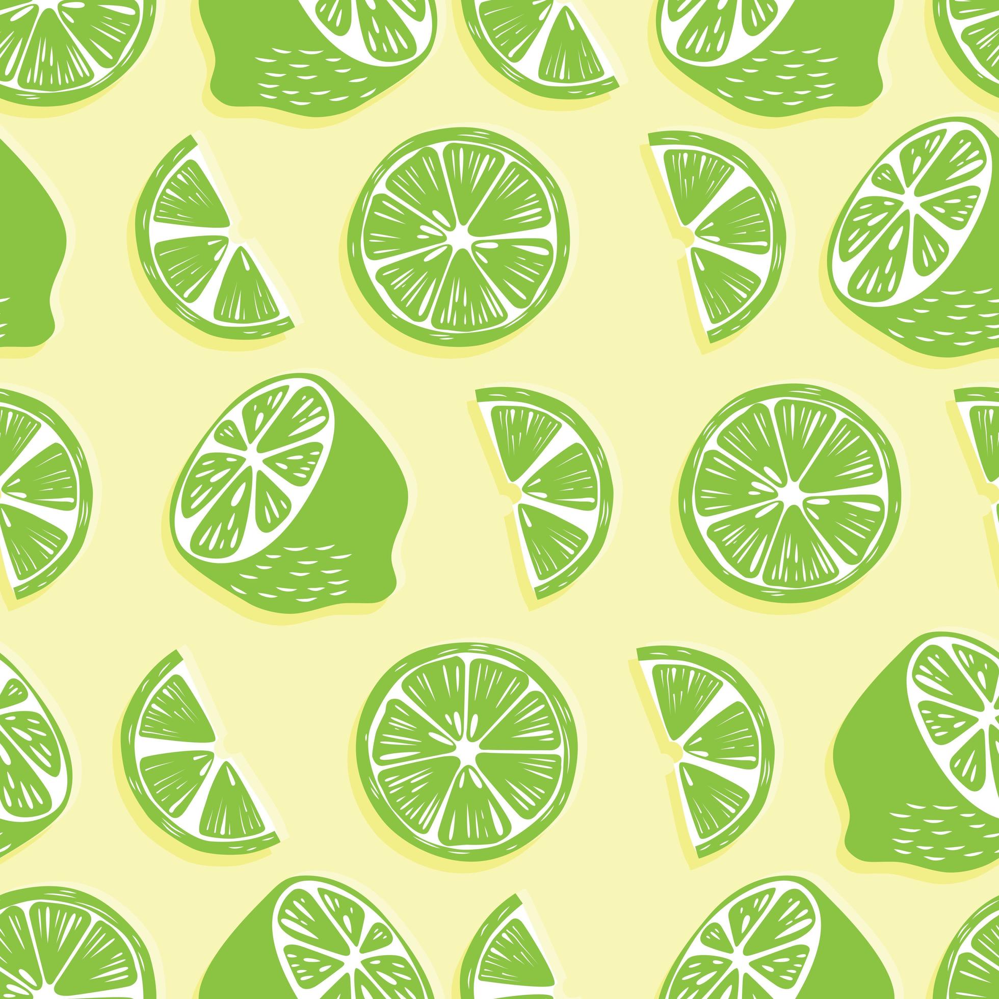 Lime halves and slices on bright yellow background. 1541712 Vector Art