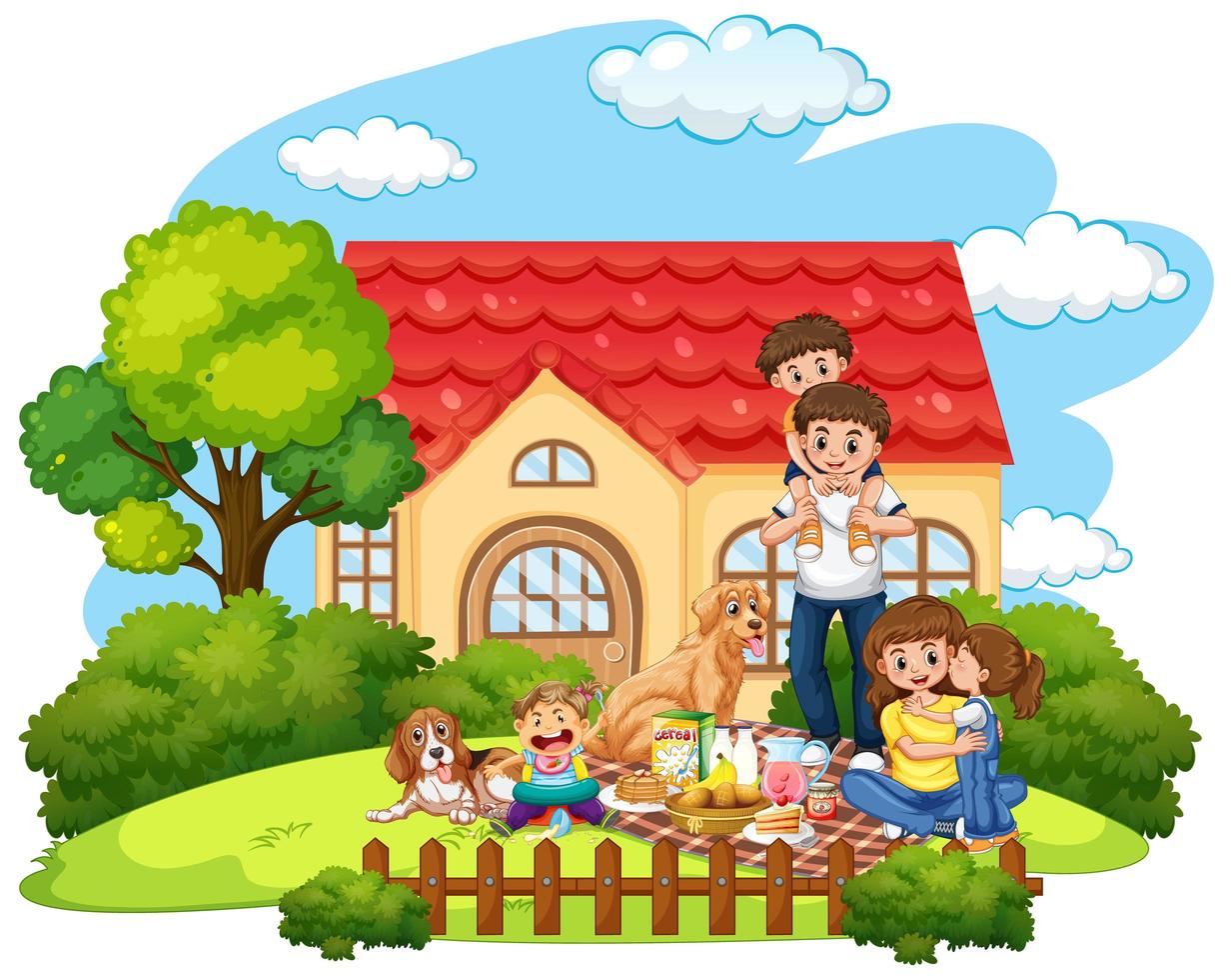Family picnic in front of the yard vector