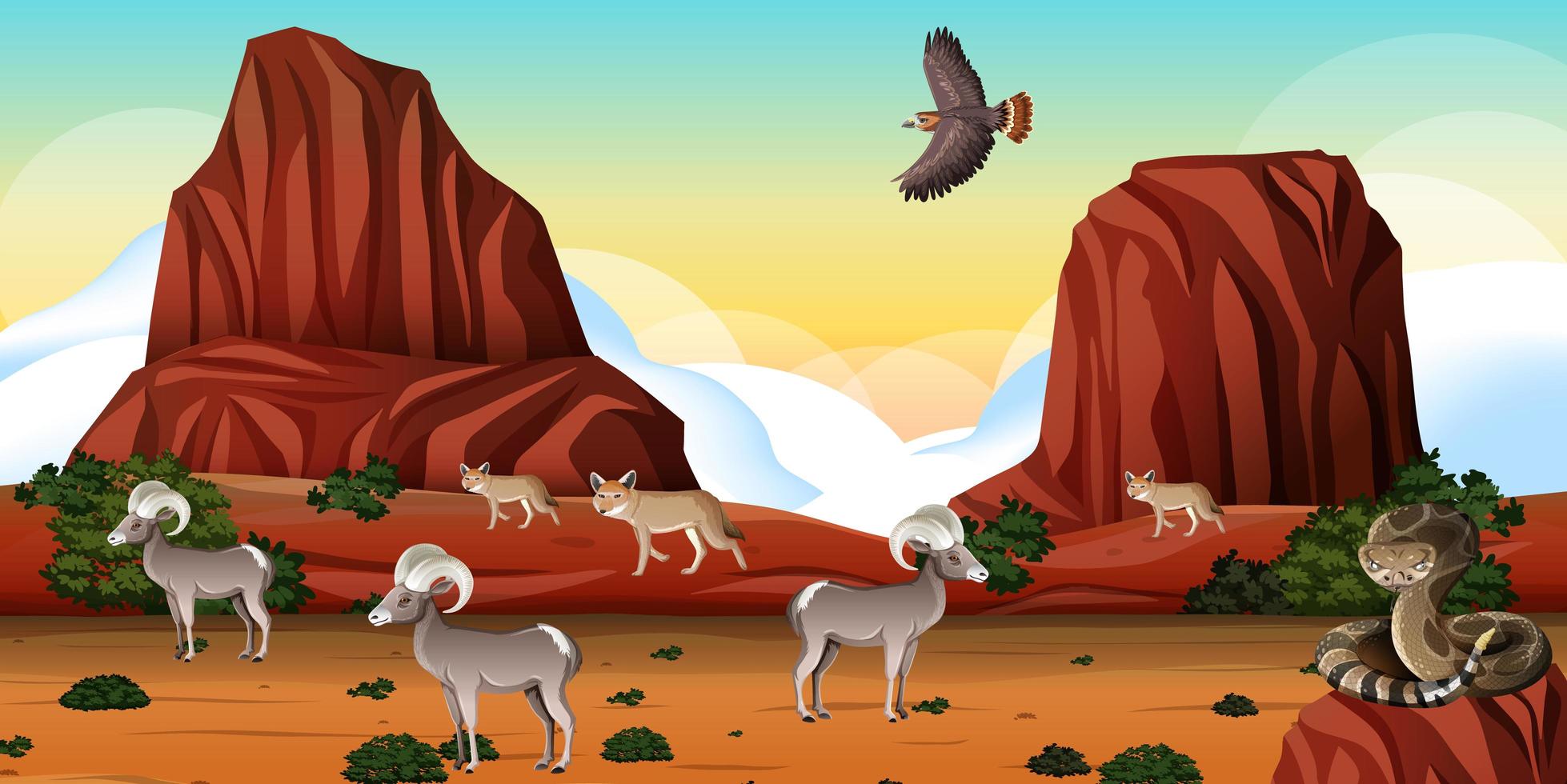 desierto con montañas rocosas y paisaje de animales del desierto en la escena del día vector