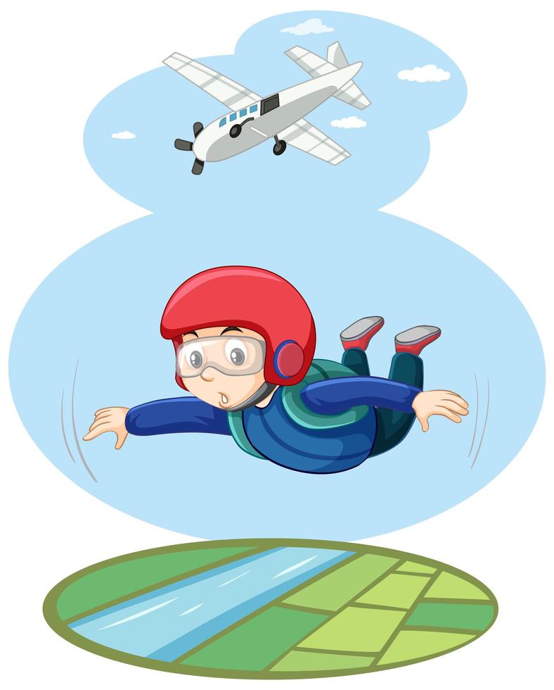 Skydriver fly in the bright sky with airplane cartoon style vector