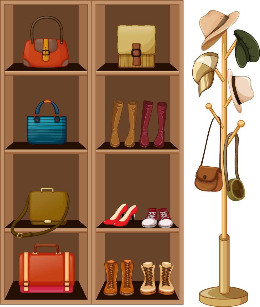 Bags and shoes on shelves with hat hanger on white background vector