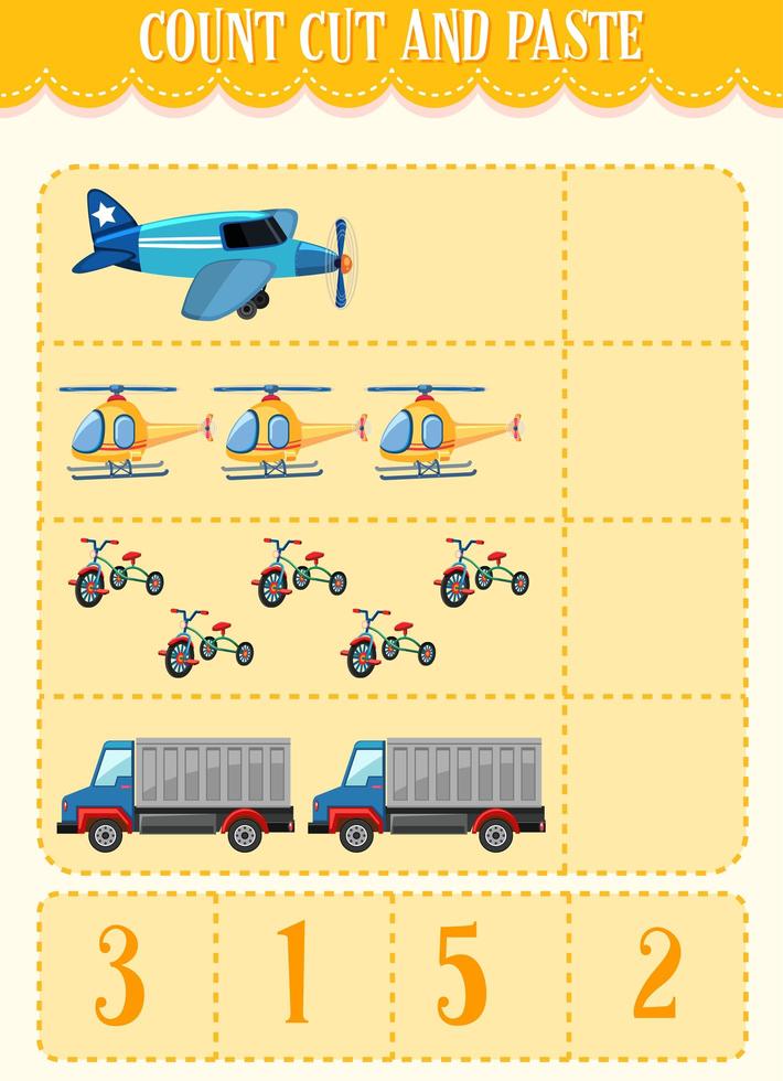 Count, Cut and Paste maths worksheet for children vector