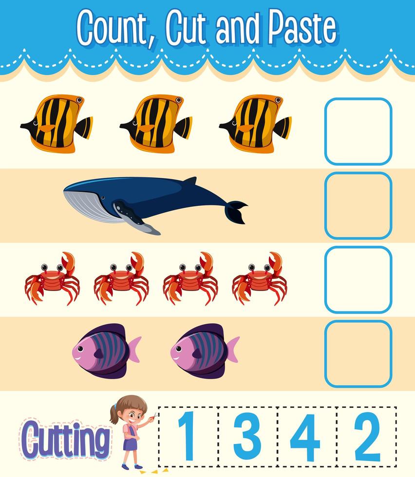 Count, Cut and Paste maths worksheet for children vector