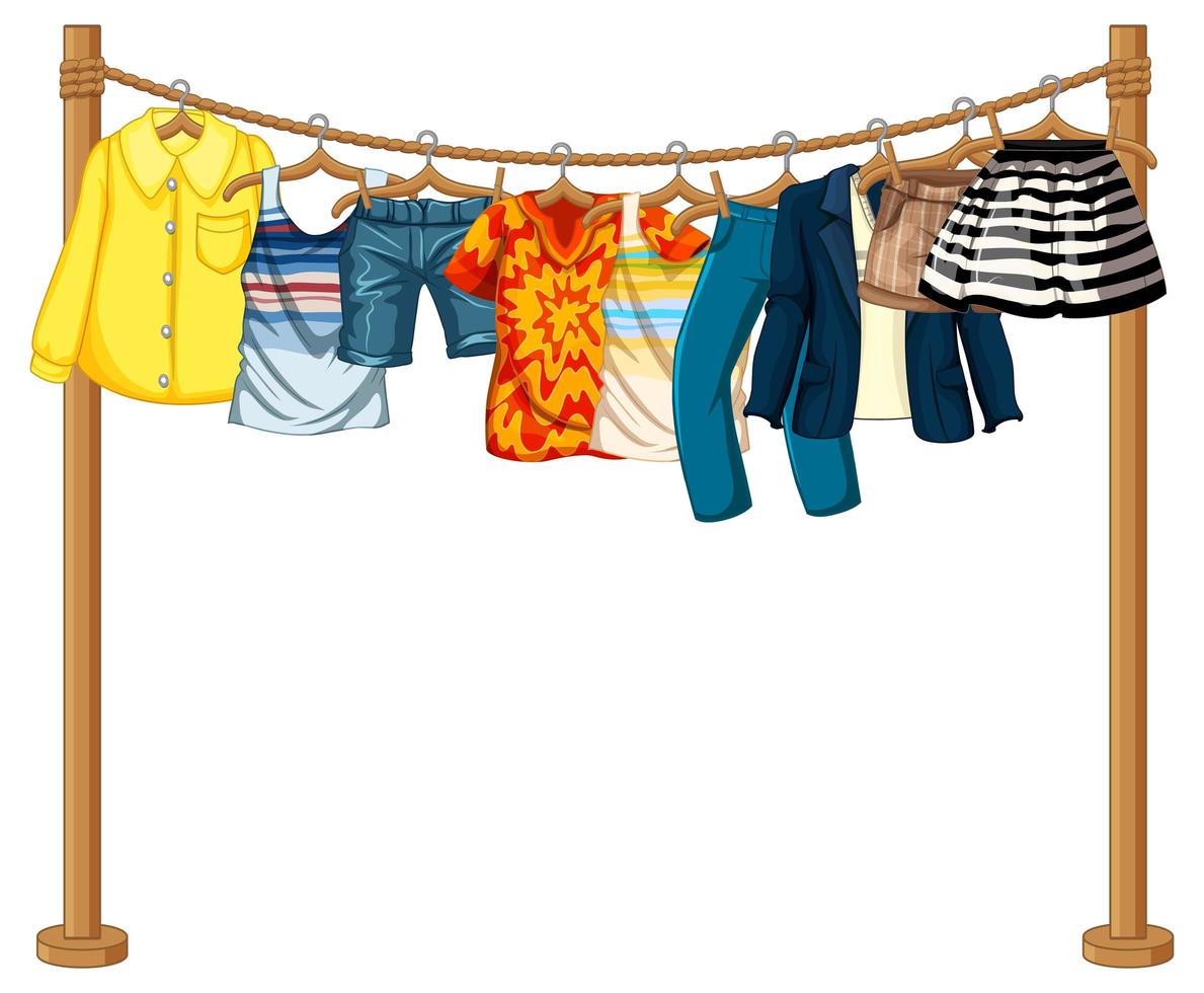 Many clothes hanging on a line on white background vector