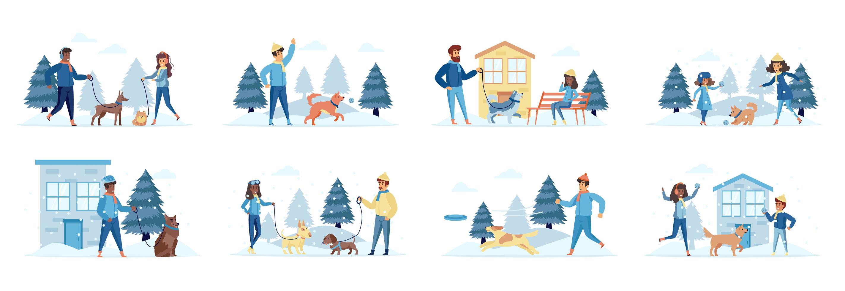 Paseadores de perros paquete de escenas con personajes de personas. vector