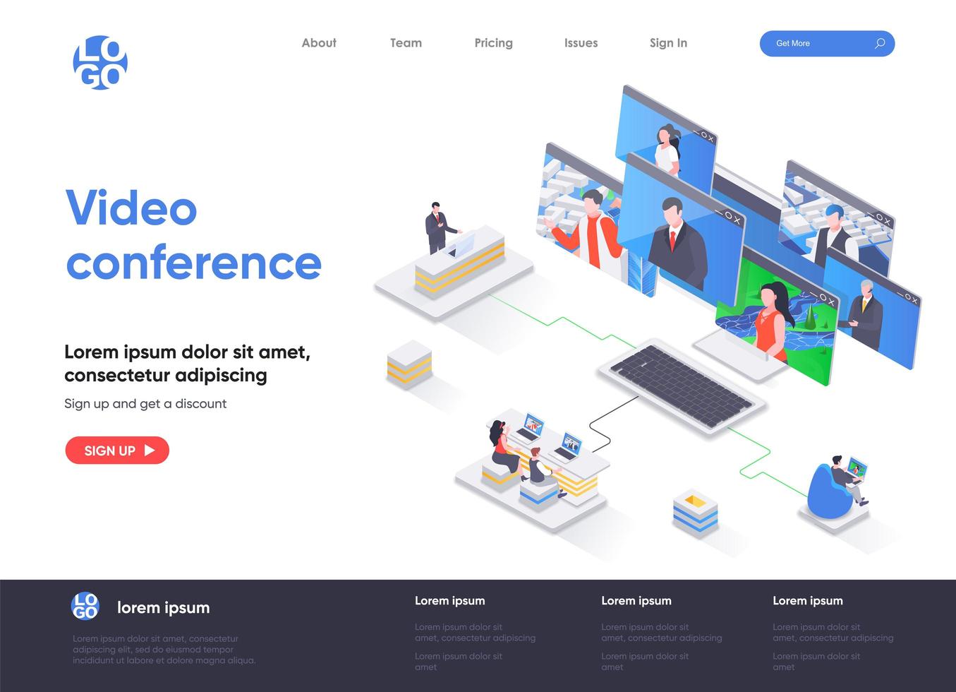 Video conference isometric landing page vector