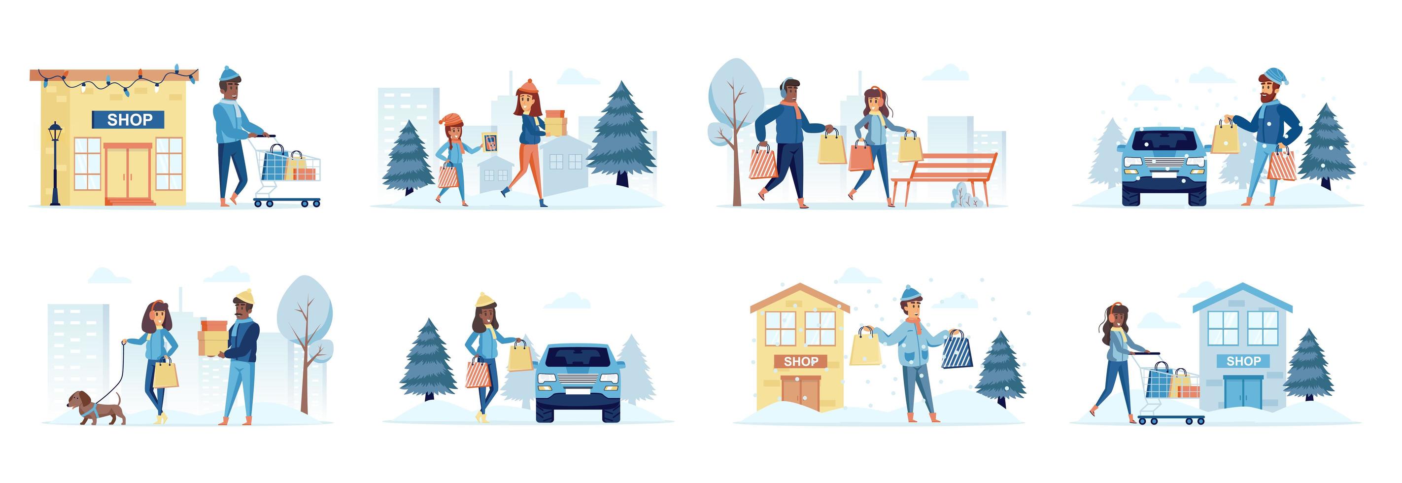 Winter season shopping bundle of scenes with people characters vector