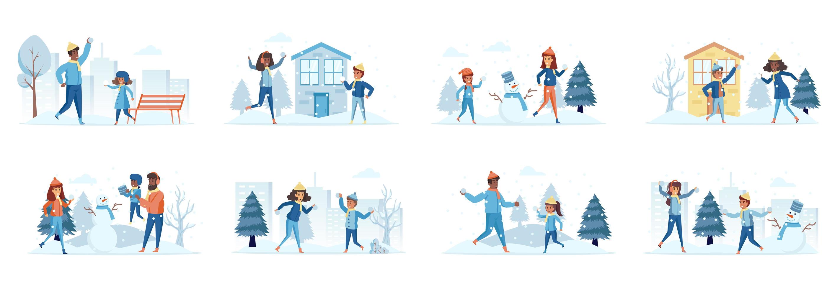 paquete de escenas de vacaciones familiares de invierno con personajes de personas vector