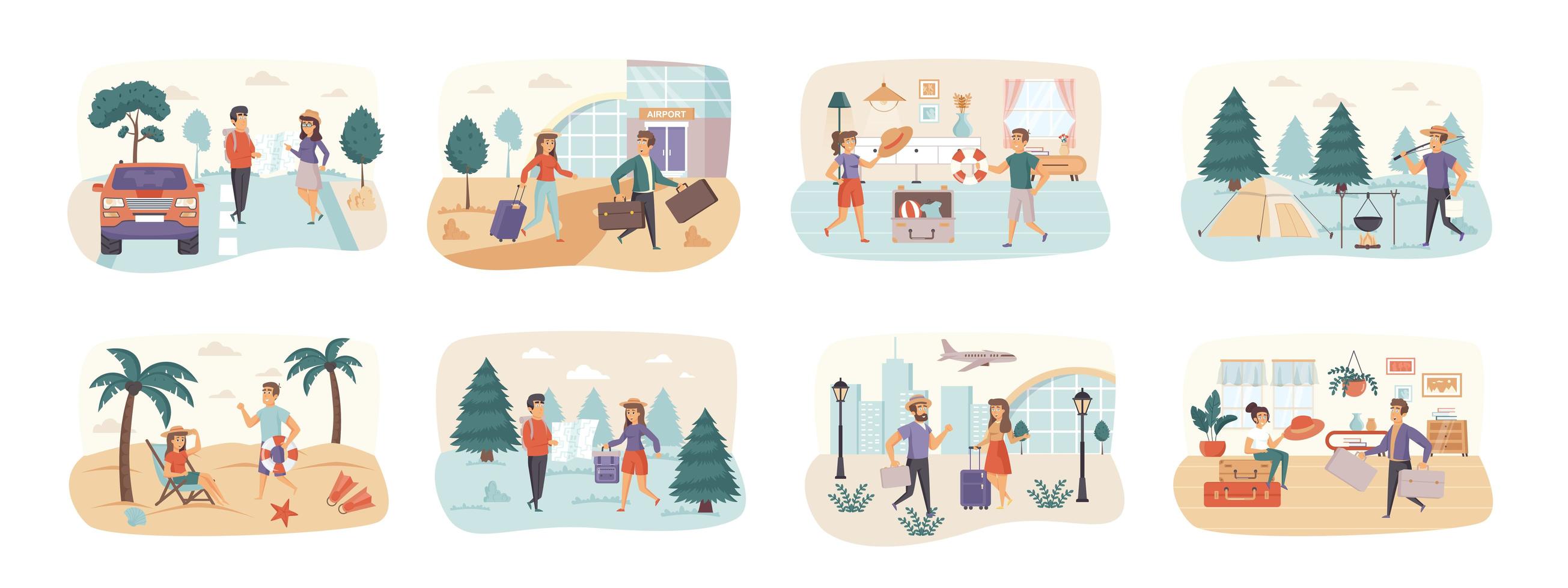 Travel vacation bundle of scenes with people characters vector