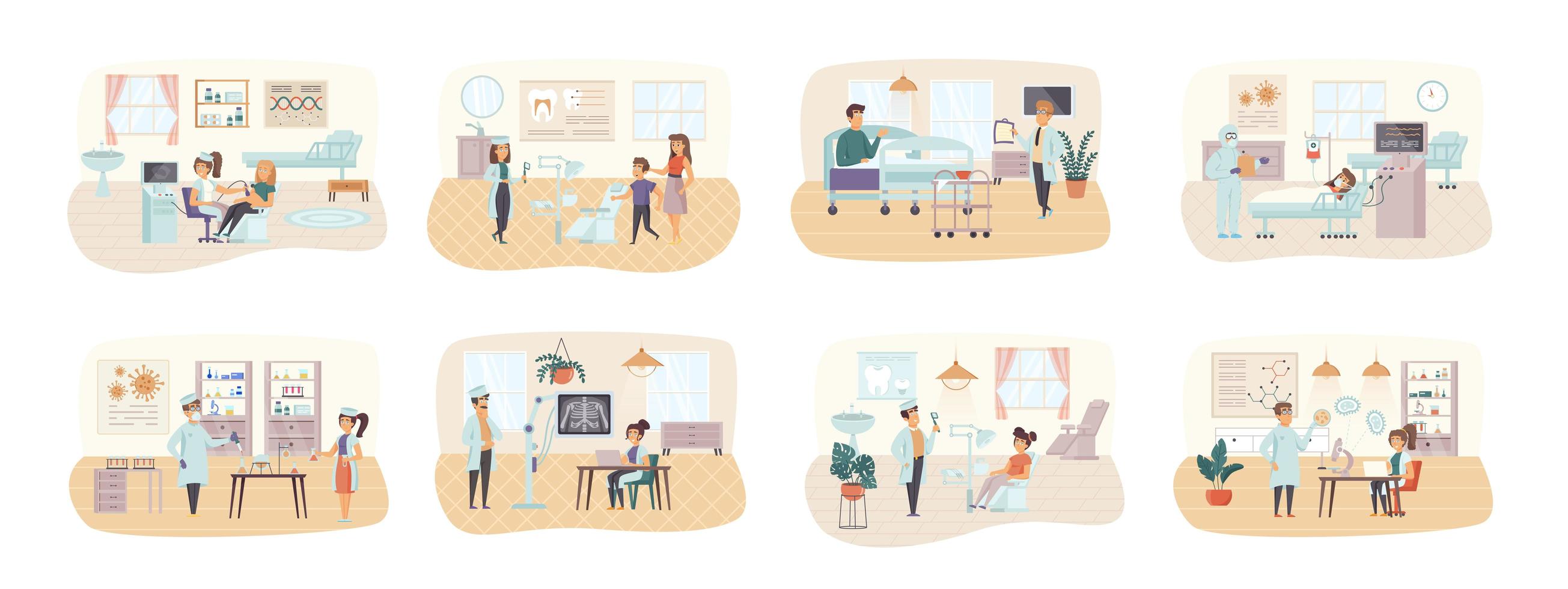 Medical care bundle of scenes with people characters vector