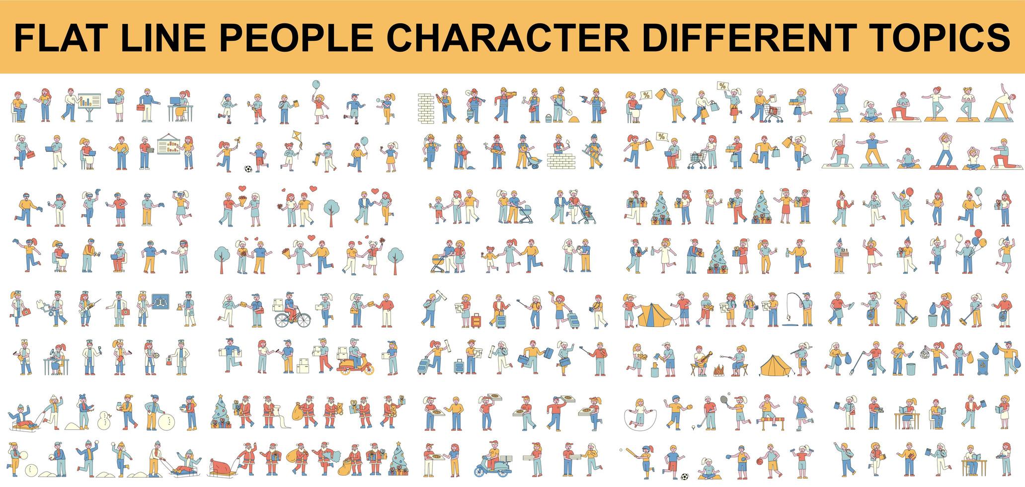 paquete de diferentes tipos de personajes de personas de línea plana. vector