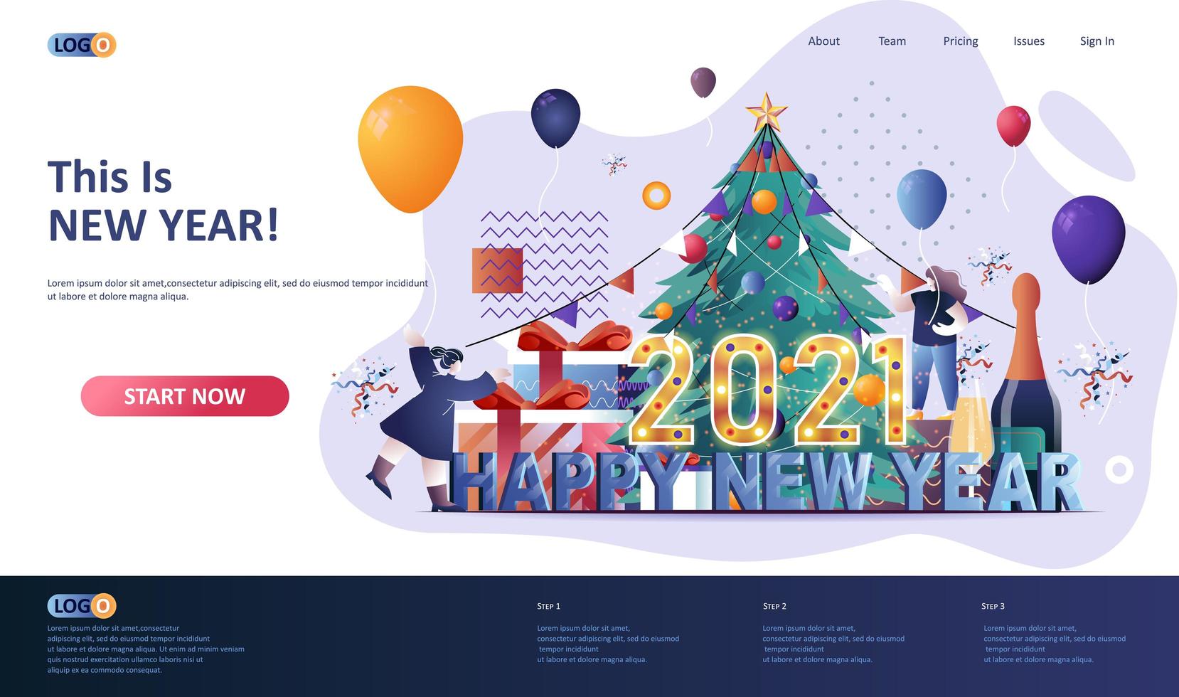 Happy New Year 2021 flat landing page template vector