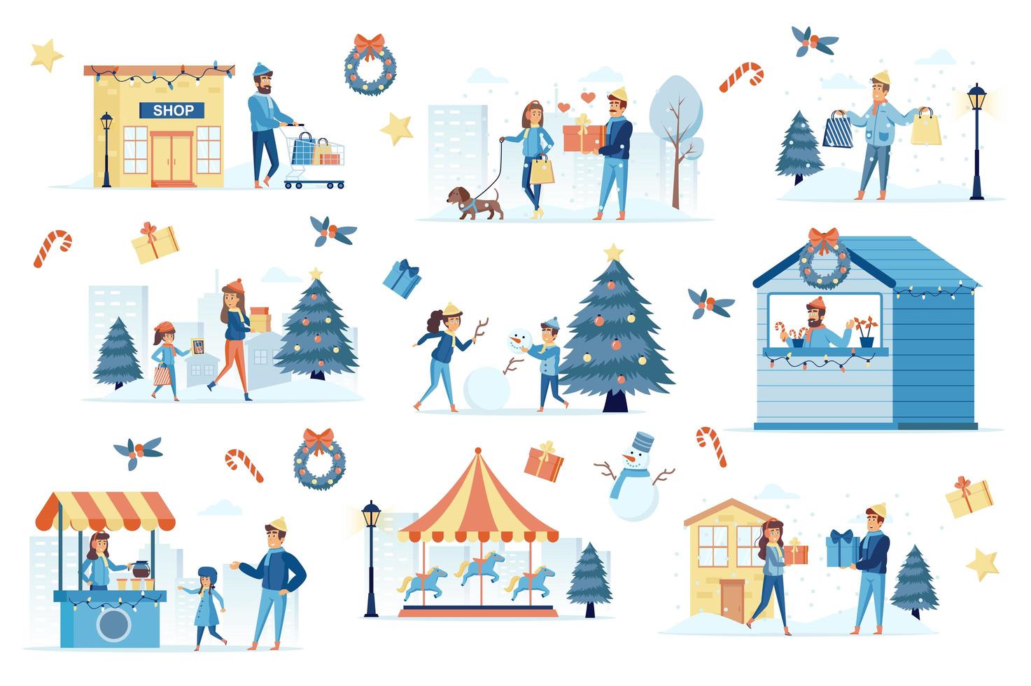 Winter festival bundle of flat scenes vector