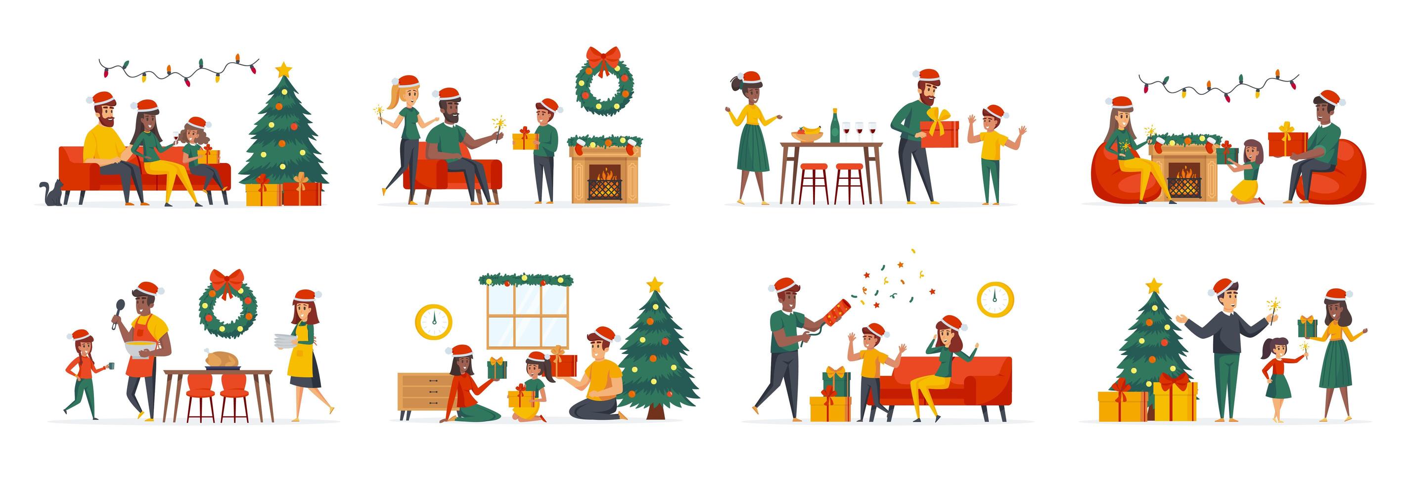 paquete familiar navideño de escenas con personajes de personas planas vector