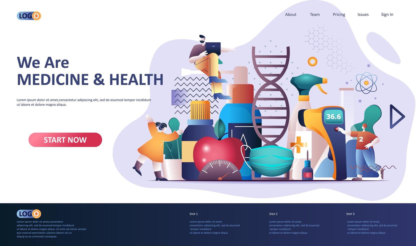 Medicine and health flat landing page template vector