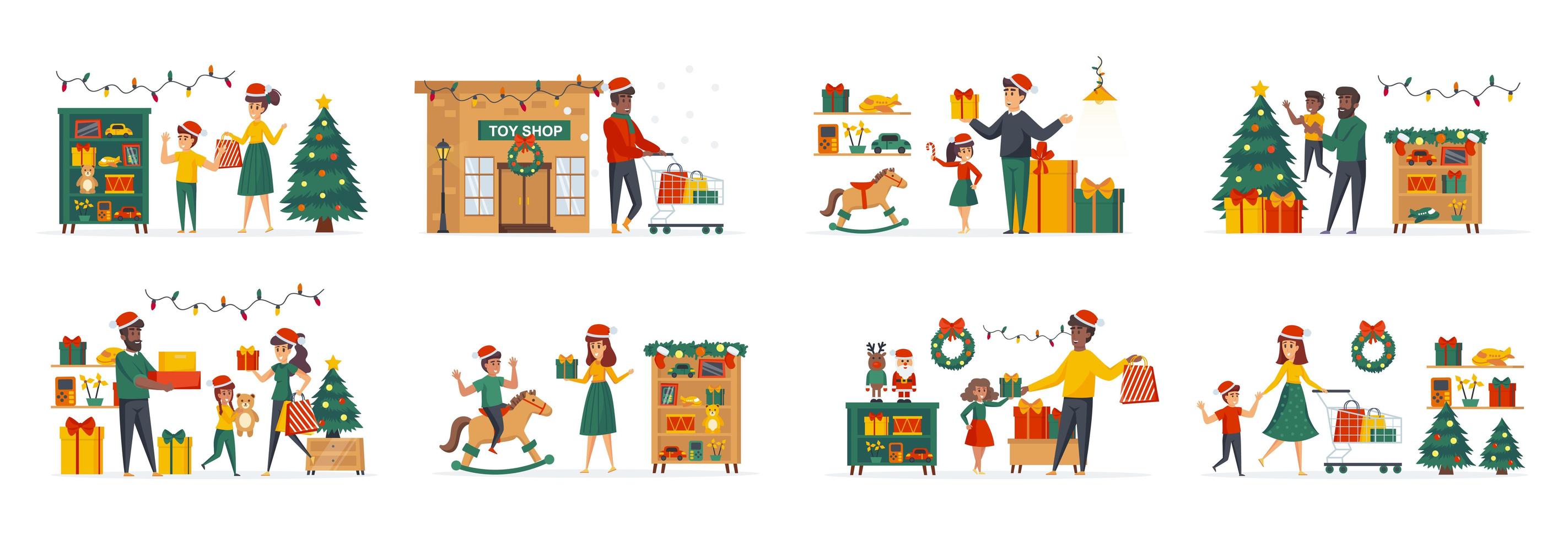 Toys store at Christmas time bundle of scenes vector