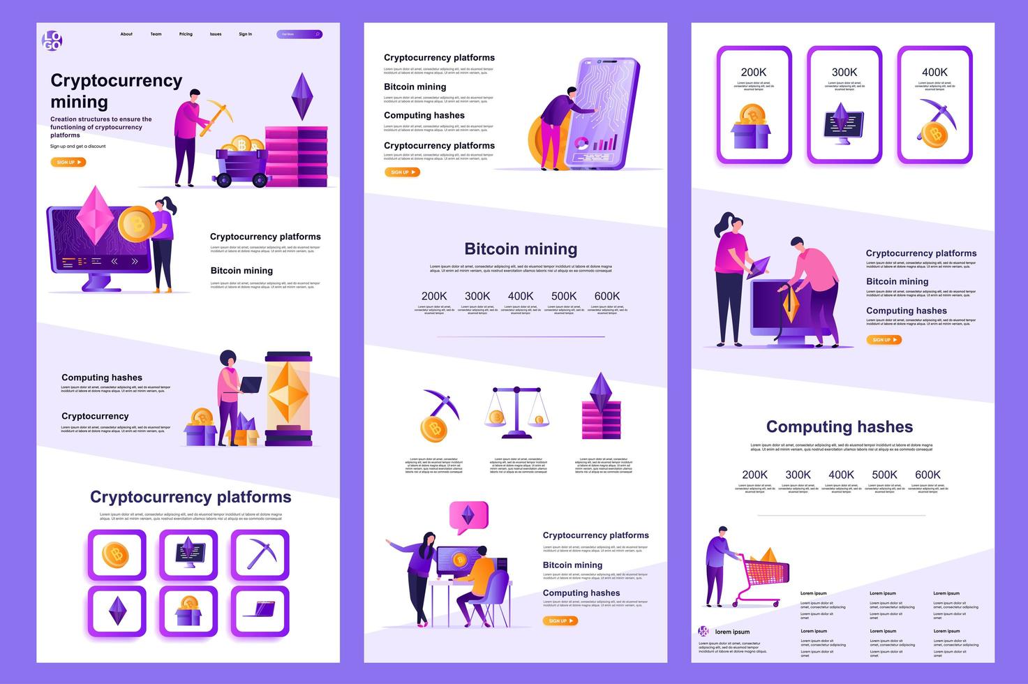 Cryptocurrency mining flat landing page vector