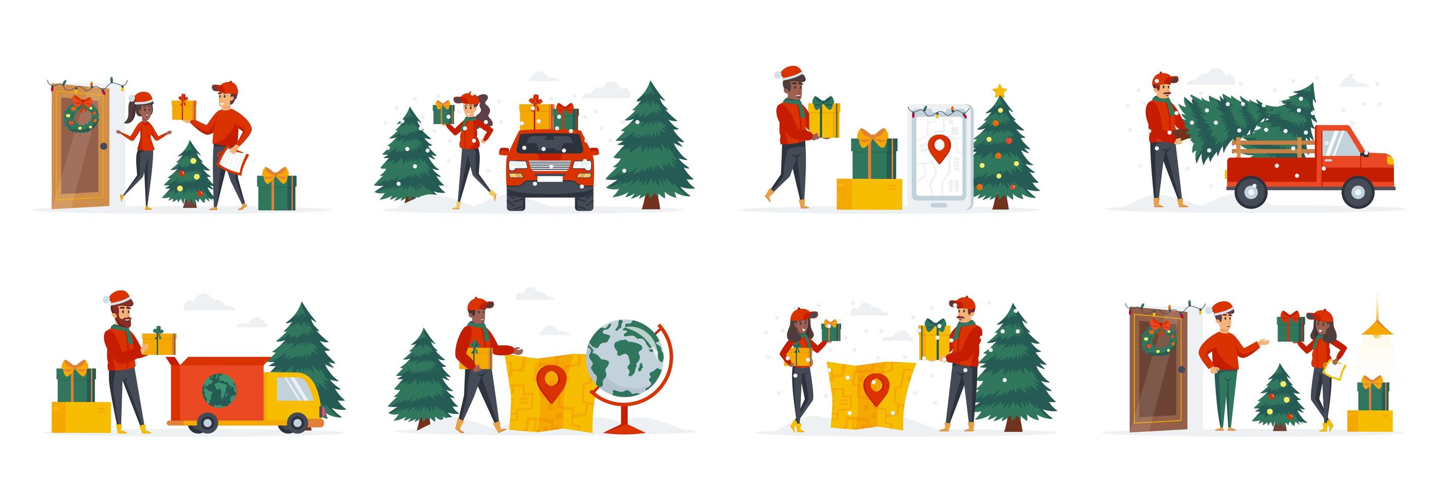 Festive delivery service bundle of scenes with people characters vector