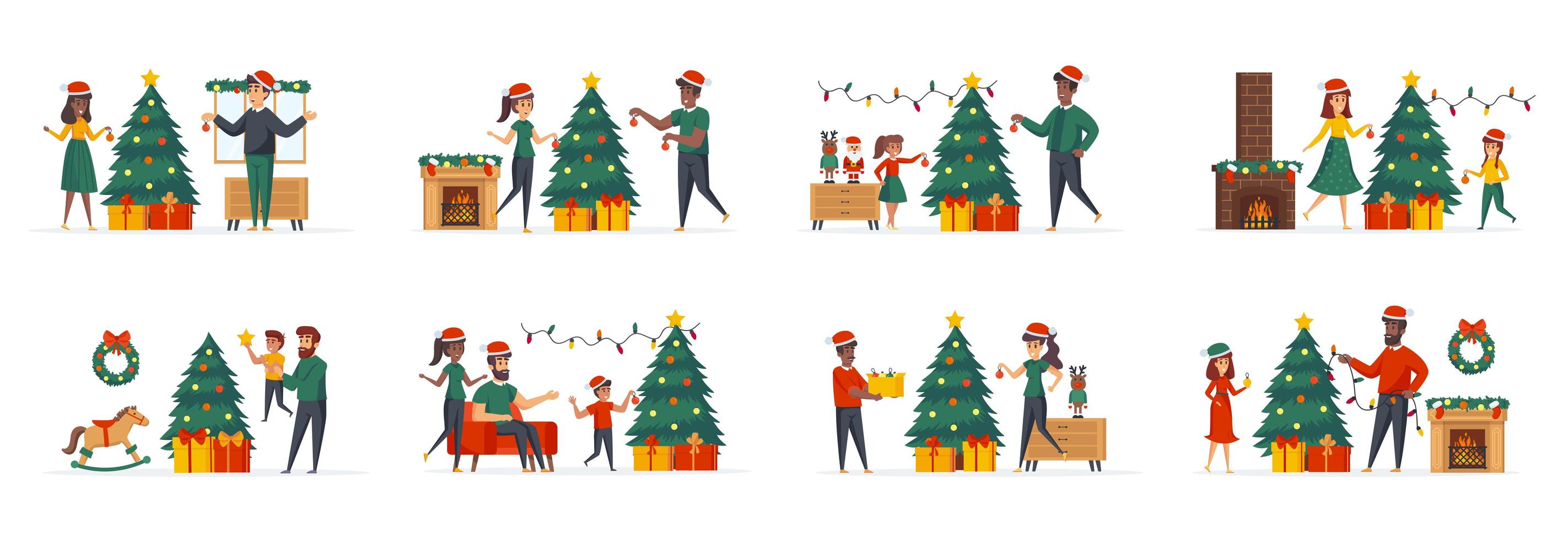 decoración del árbol de navidad paquete de escenas con personajes de personas vector