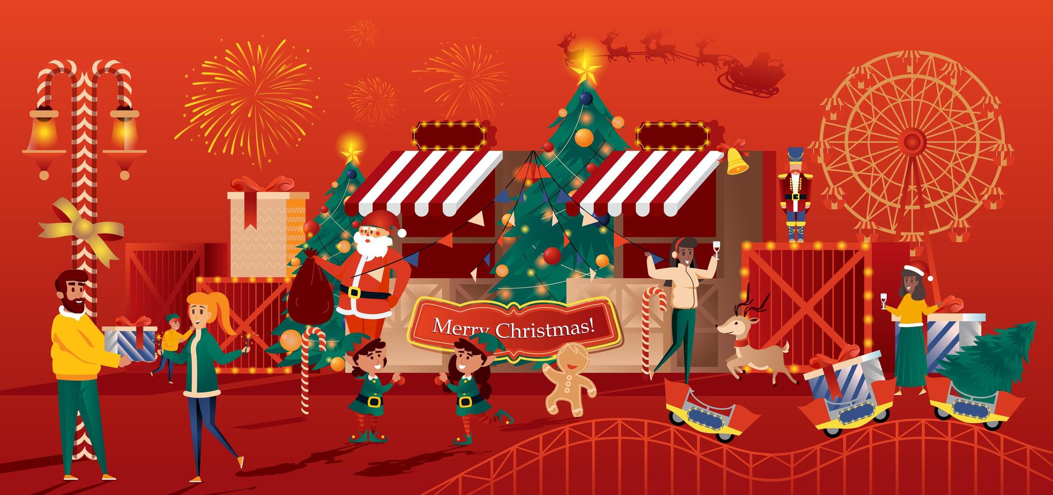 Christmas toy store greeting card in flat style vector