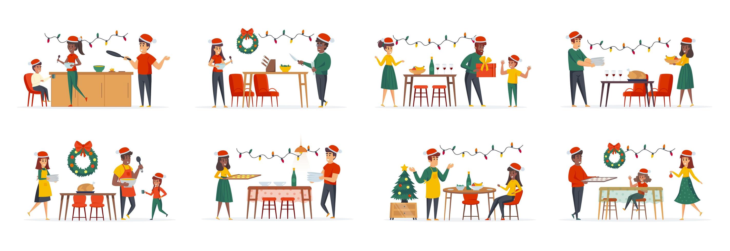 Christmas dinner bundle of scenes with people characters vector