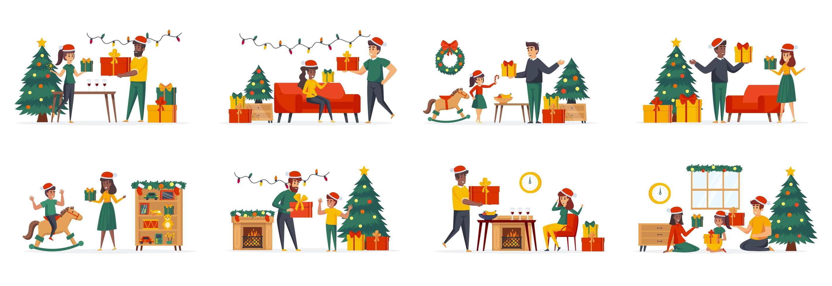 Presenting gifts bundle of scenes with flat people characters vector