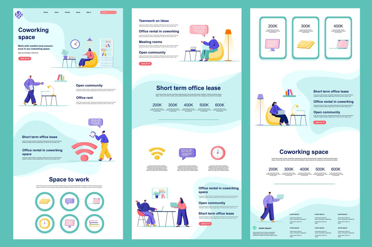 Coworking space flat landing page vector