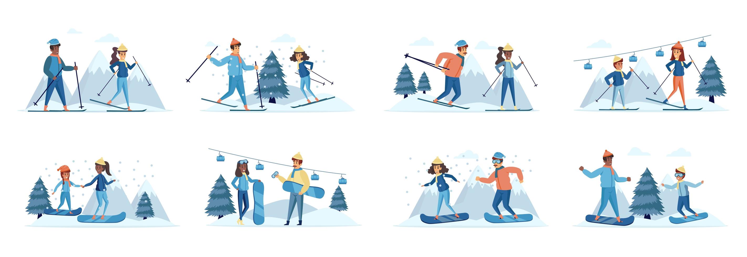 Paquete de actividades de deportes de invierno de escenas con personajes de personas. vector