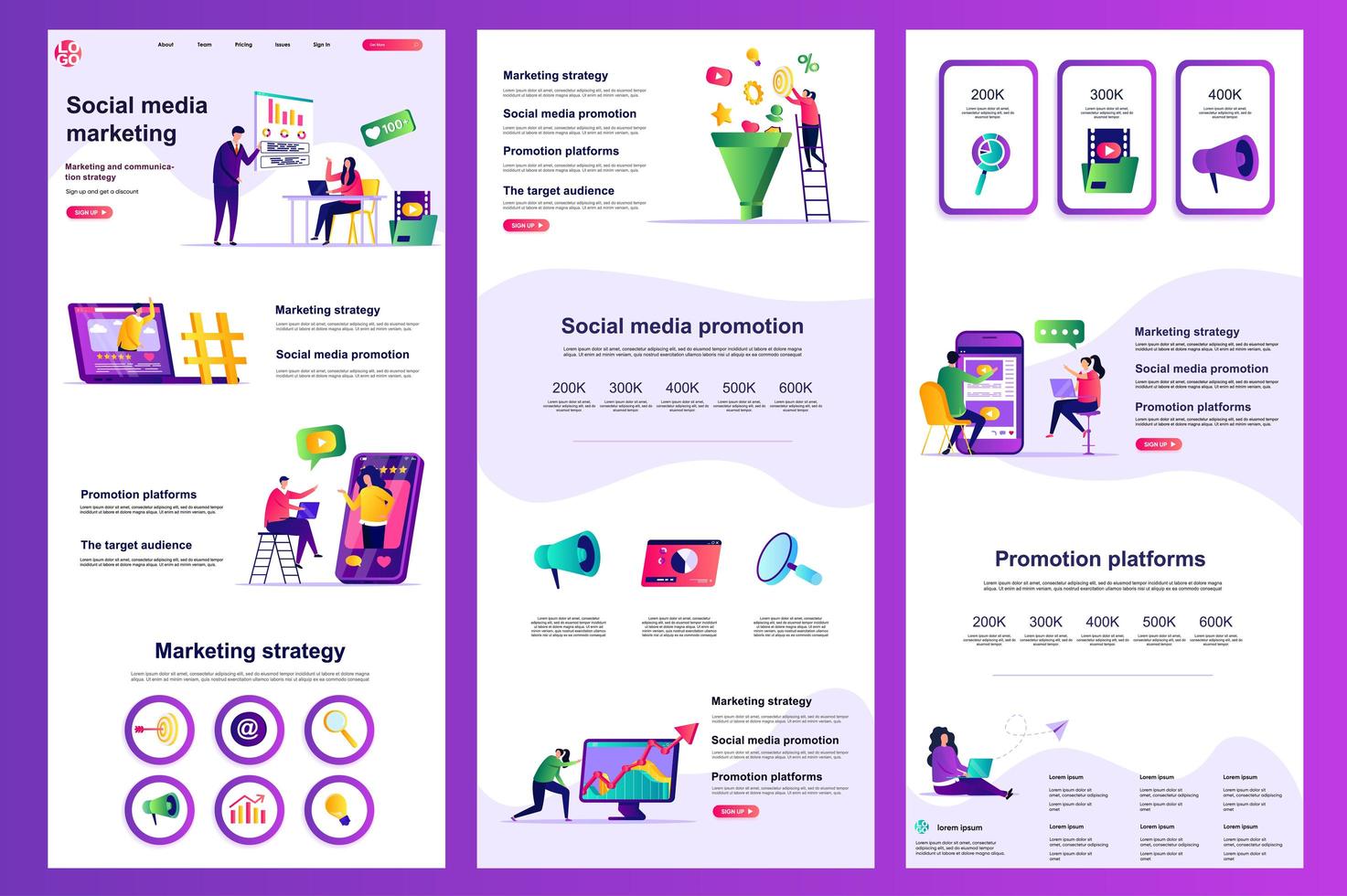 Social media marketing flat landing page vector