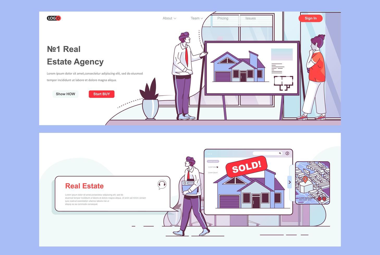 Real estate agency landing pages set vector