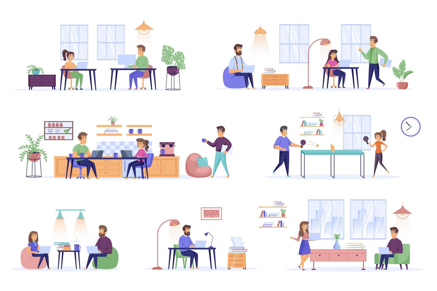 Coworking space bundle of flat scenes vector