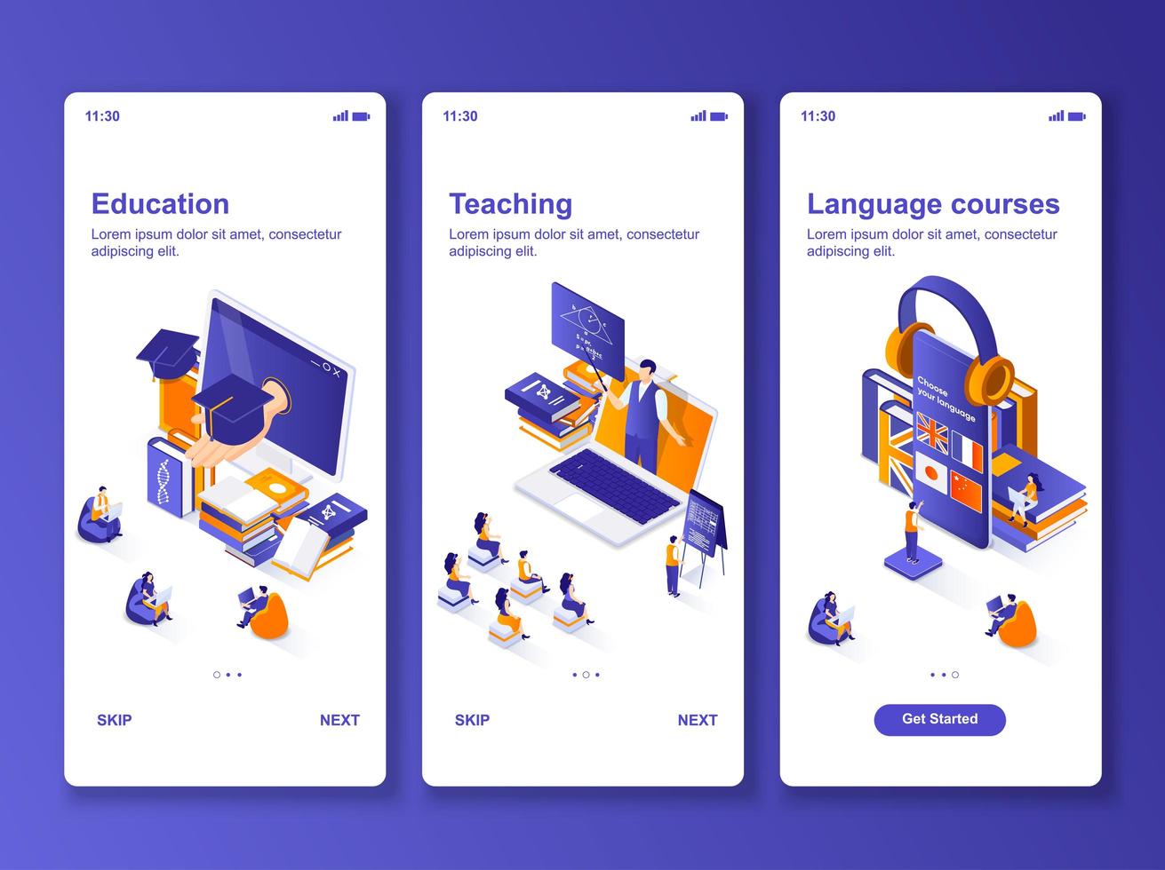 Language courses isometric GUI design kit vector