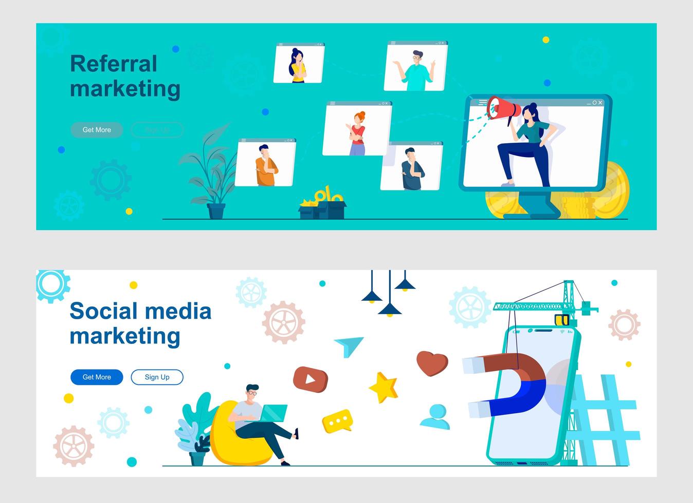 Social media marketing landing page with people characters vector