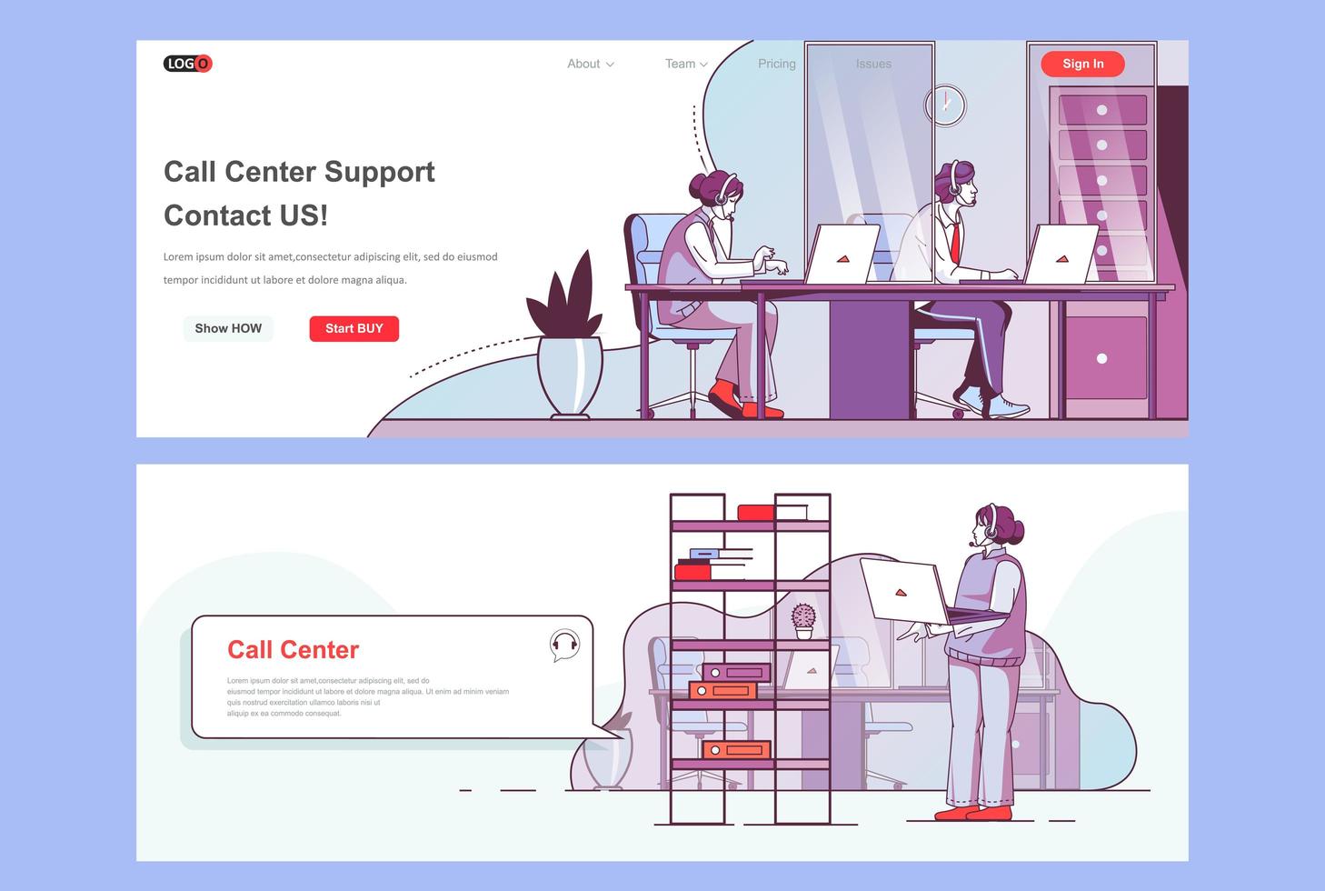 Call center landing pages set vector