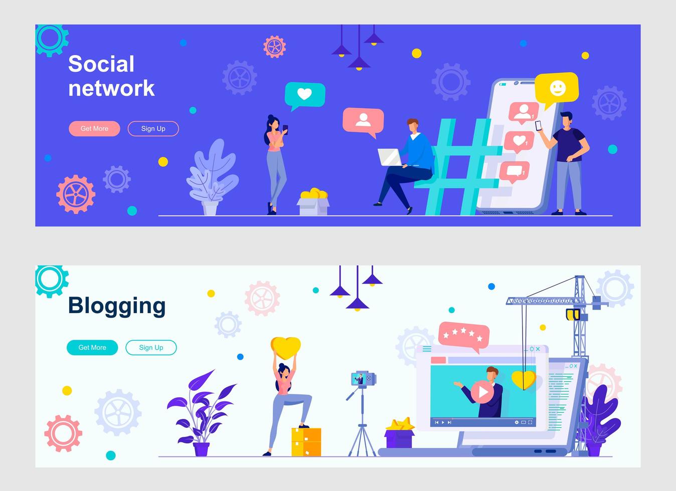 Social network and blogging landing page with people characters vector