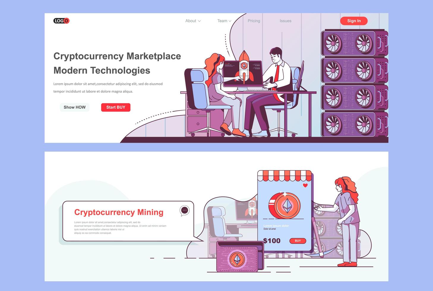 Cryptocurrency marketplace landing pages set vector