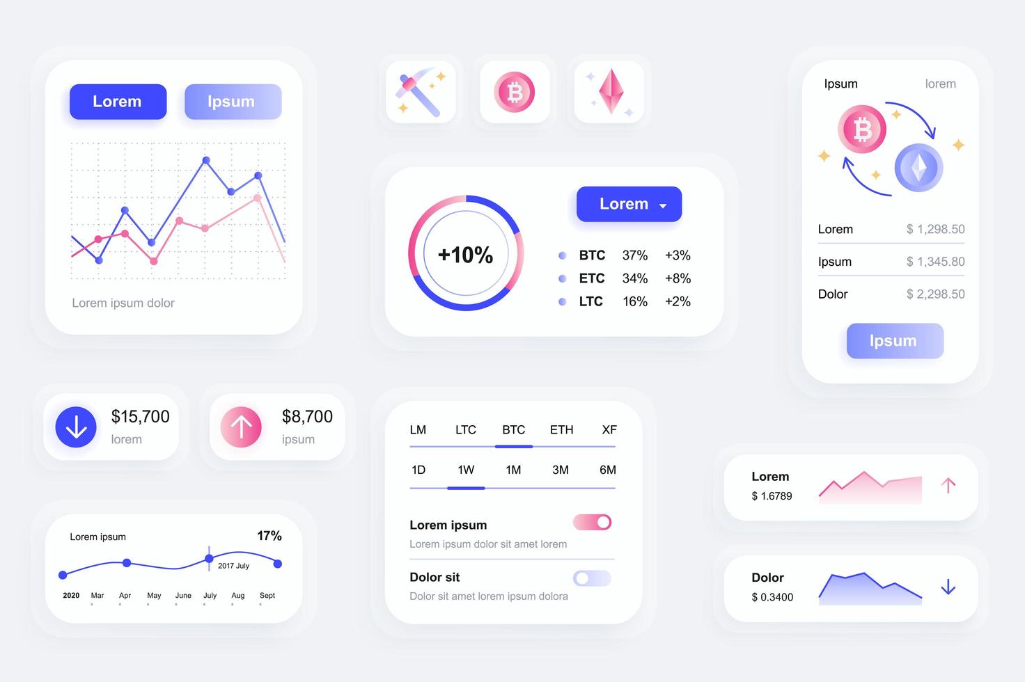 elementos de la interfaz gráfica de usuario para la aplicación móvil de criptomonedas vector