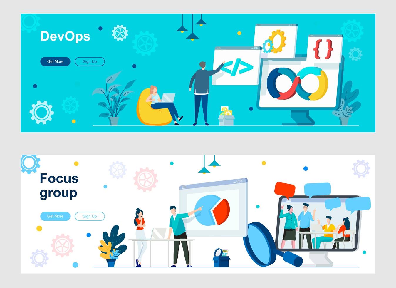 DevOps and focus group landing page with people characters vector