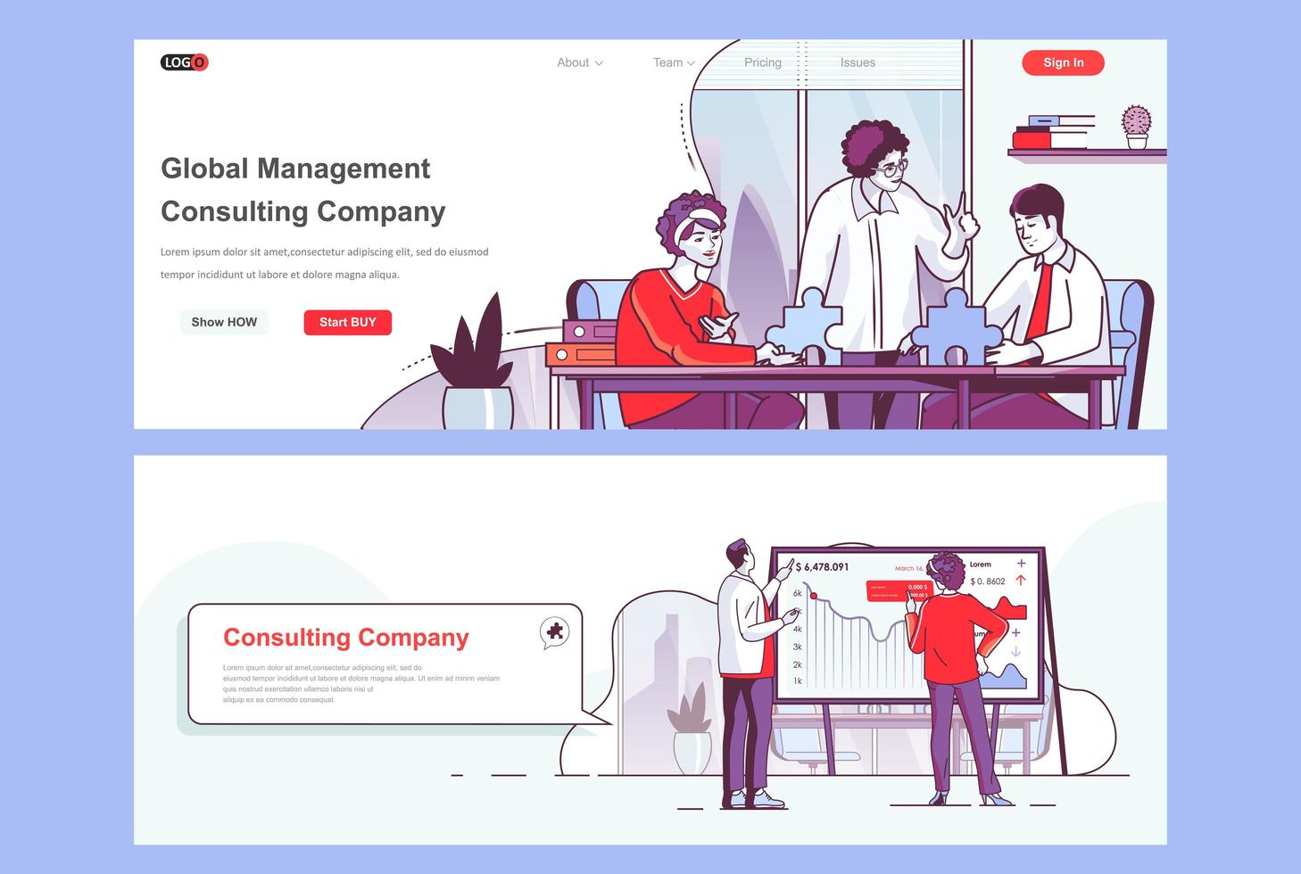 Consulting company landing pages set vector