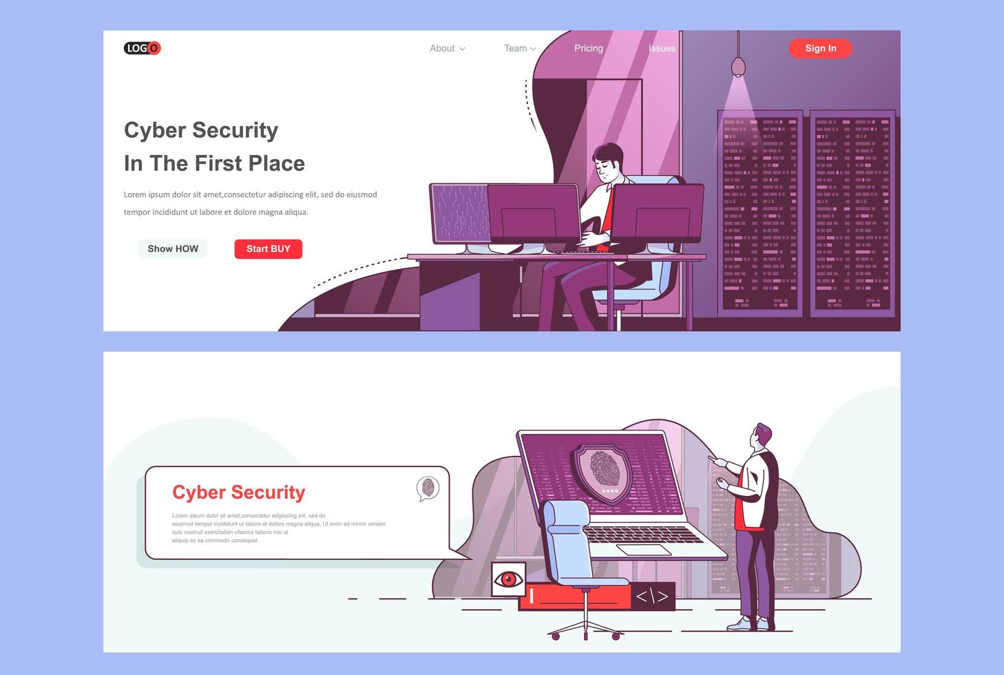 Cyber security landing pages set vector