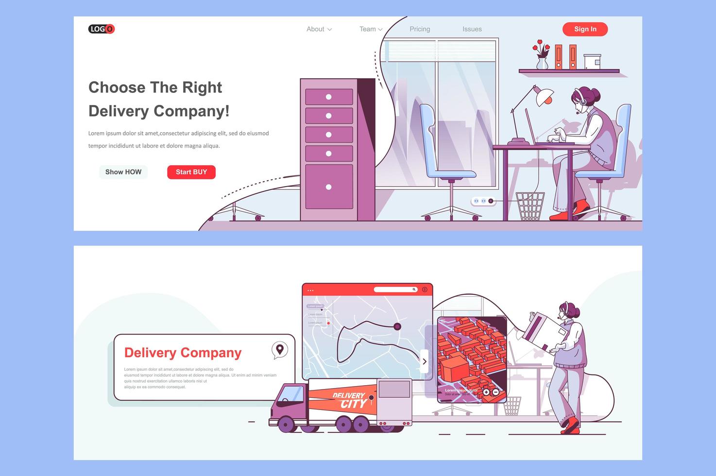 Delivery company landing pages set vector