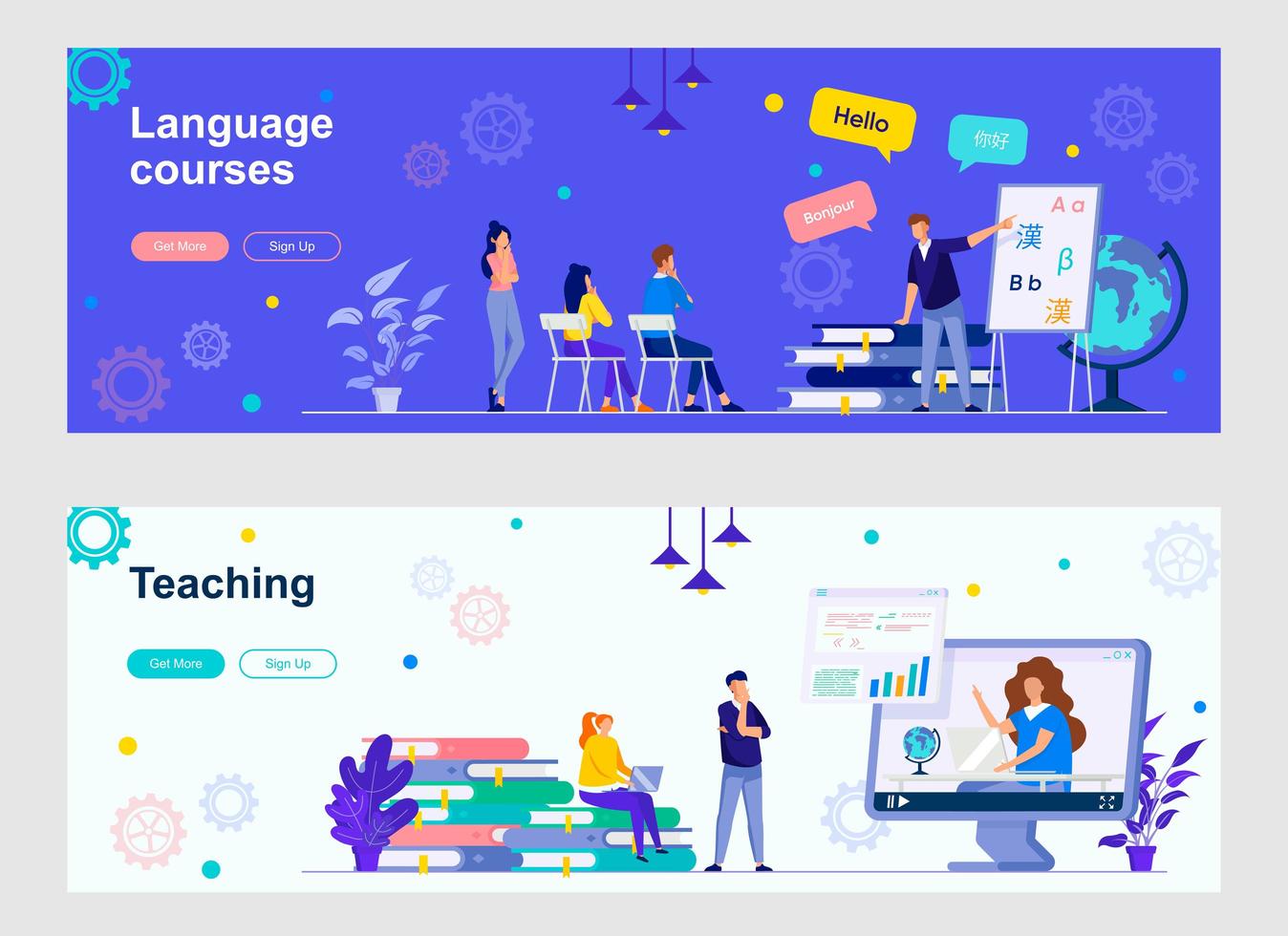 Language courses and teaching landing page with people characters vector